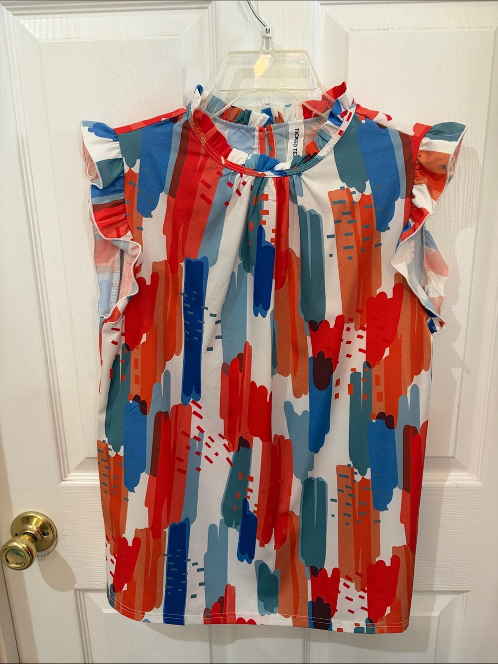Tickled Teal Multicolor Abstract Ruffle Top - Coral, Blue & Teal